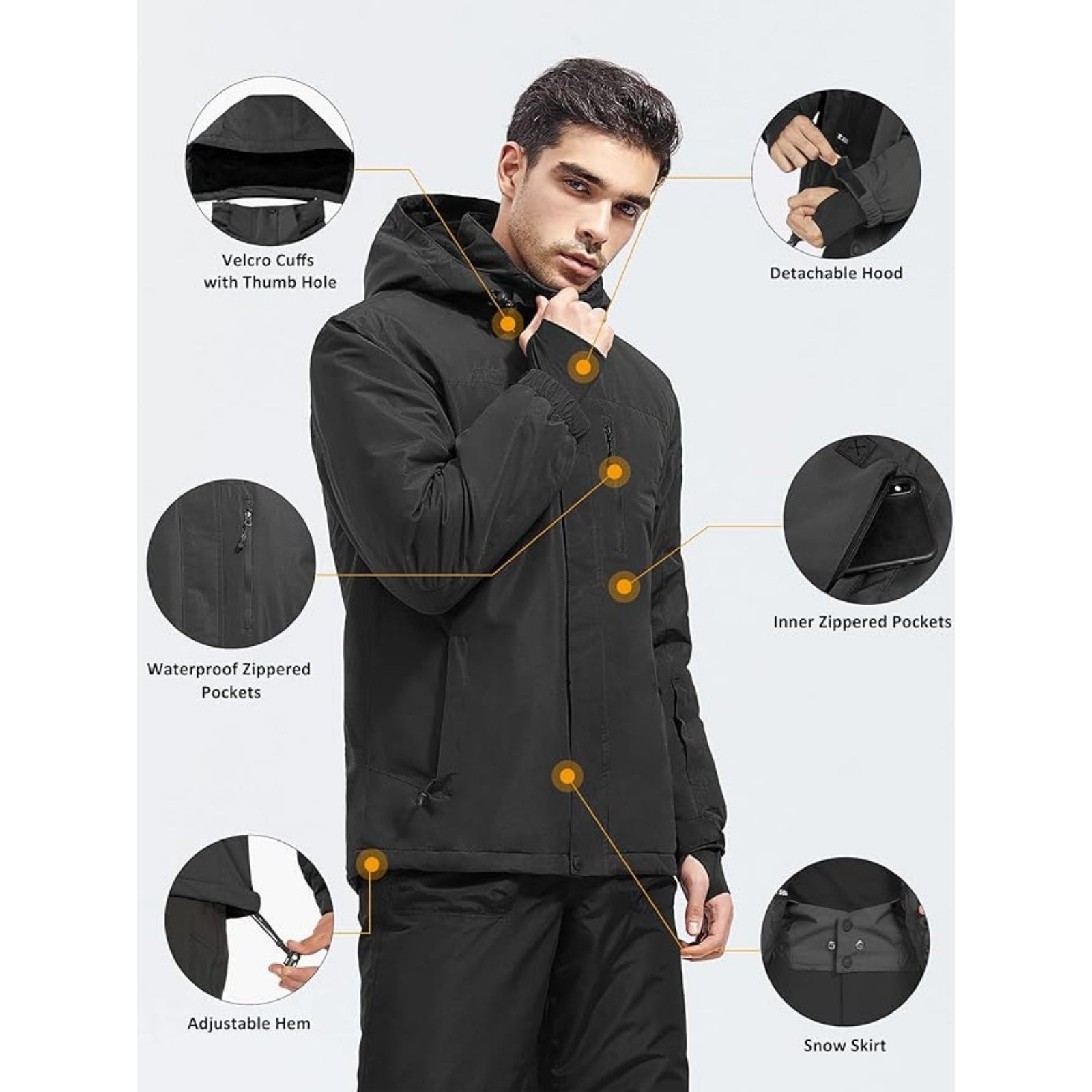 WHALE Men's Waterproof Warm Fleece Lined Ski Jacket