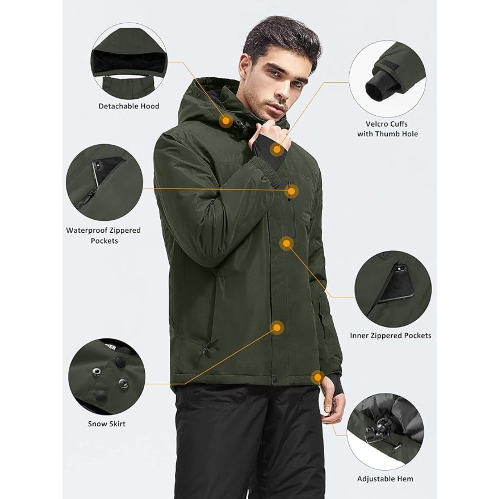 WHALE Men's Waterproof Warm Fleece Lined Ski Jacket