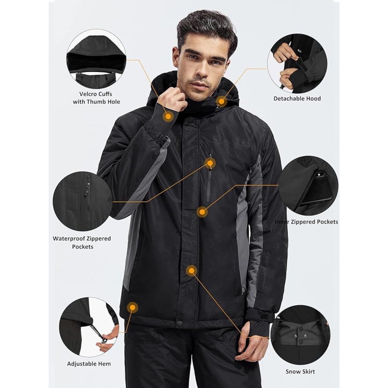 WHALE Men's Waterproof Warm Fleece Lined Ski Jacket