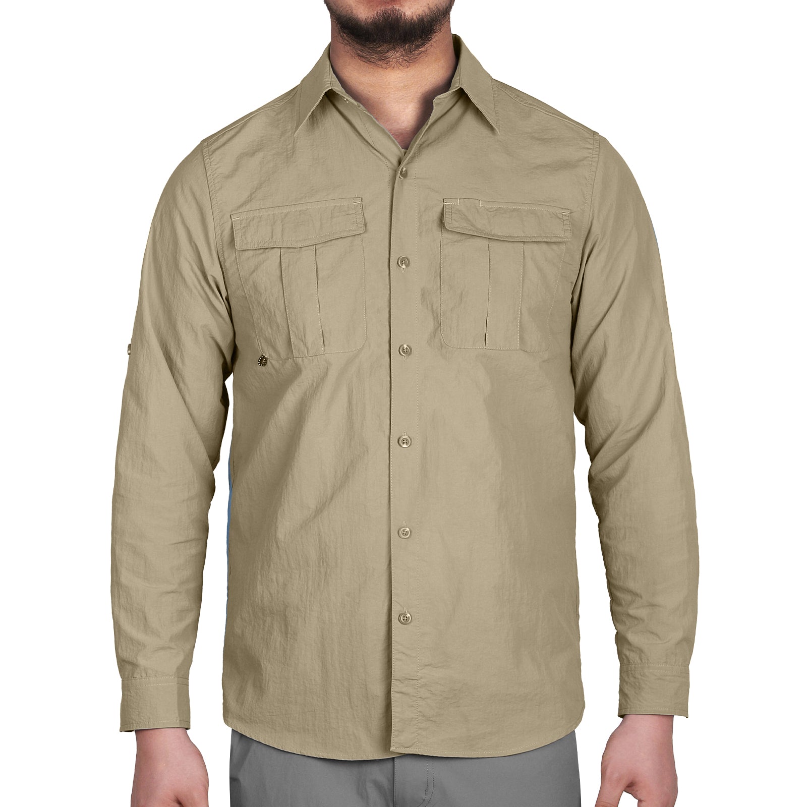 Outdoor Ventures Men's Long Sleeve Hiking Shirt UPF 50 UV Sun Protection Shirt  Cooling Quick Dry for Travel Fishing Safari, Khaki, Large 