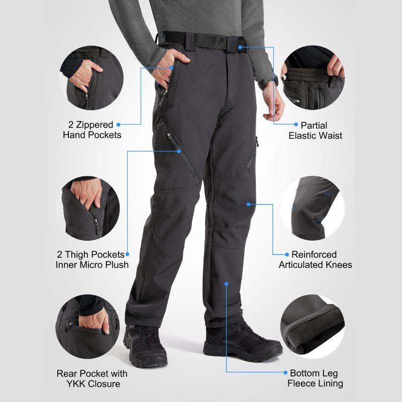 Men's Repellent Softshell Snow Ski Pants with Zipper Pockets
