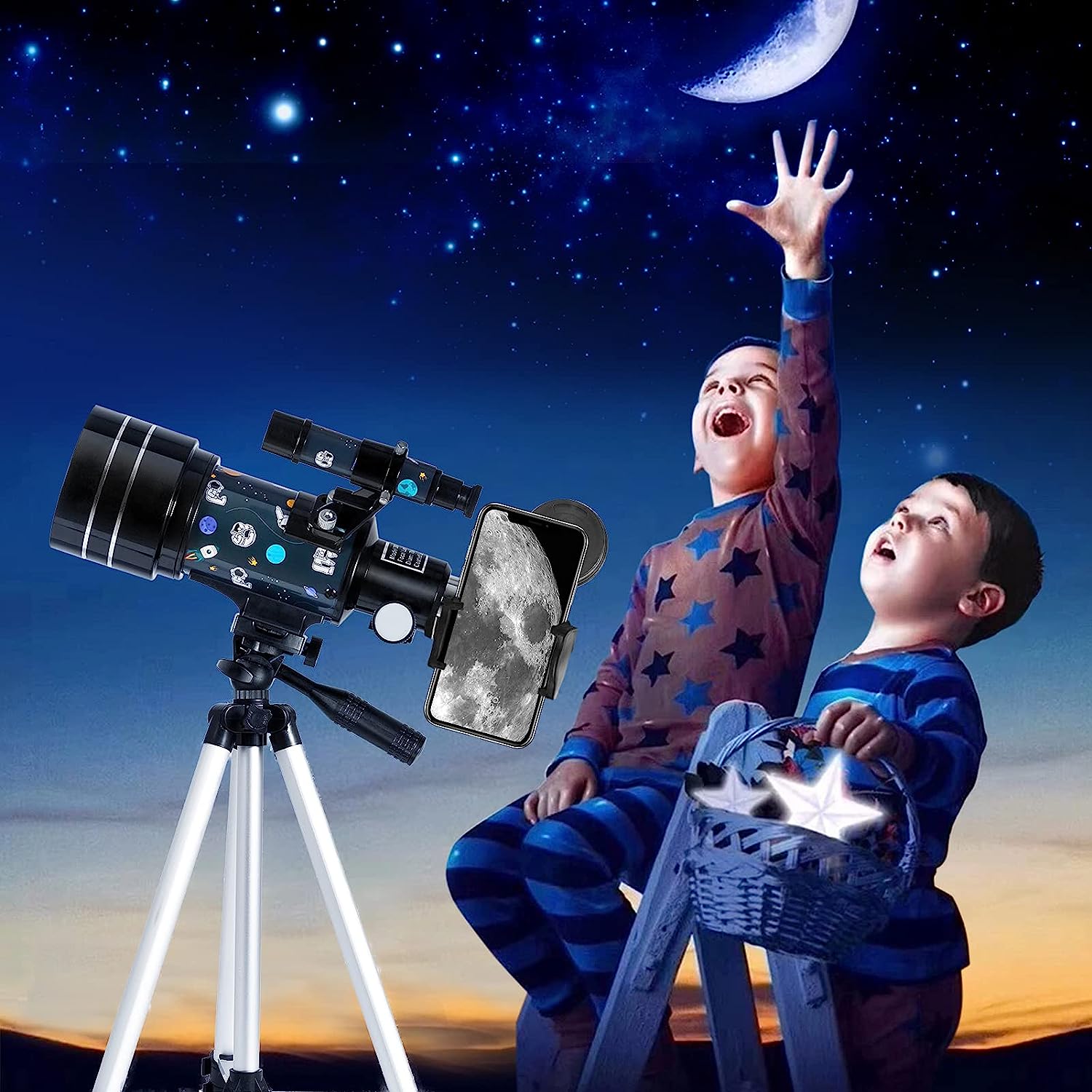 Telescopio para niños adultos principiantes - Telescopio refractor de apertura de 70 mm con trípode ajustable Adaptador de teléfono Control remoto inalámbrico