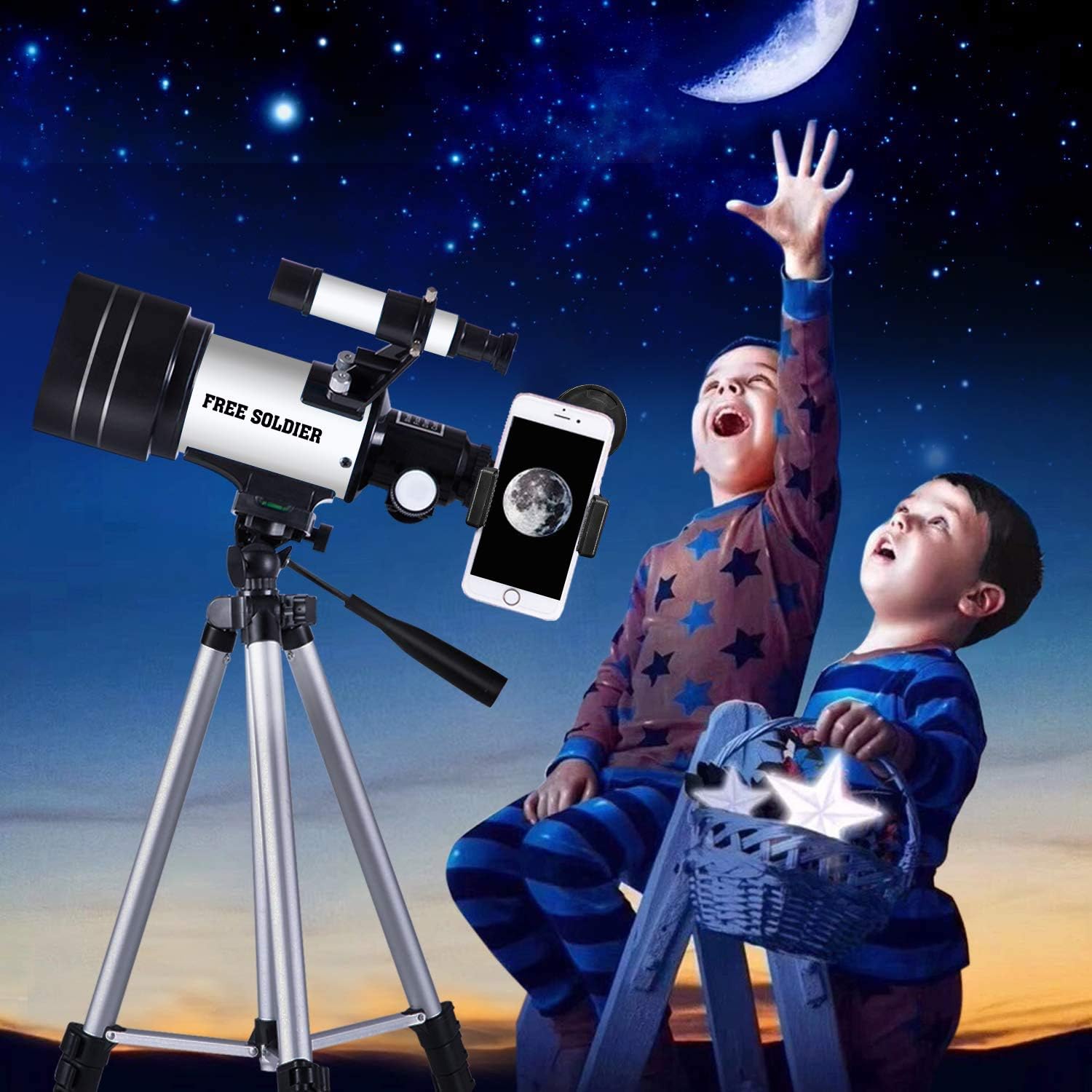 Telescopio para niños adultos principiantes - Telescopio refractor de apertura de 70 mm con trípode ajustable Adaptador de teléfono Control remoto inalámbrico
