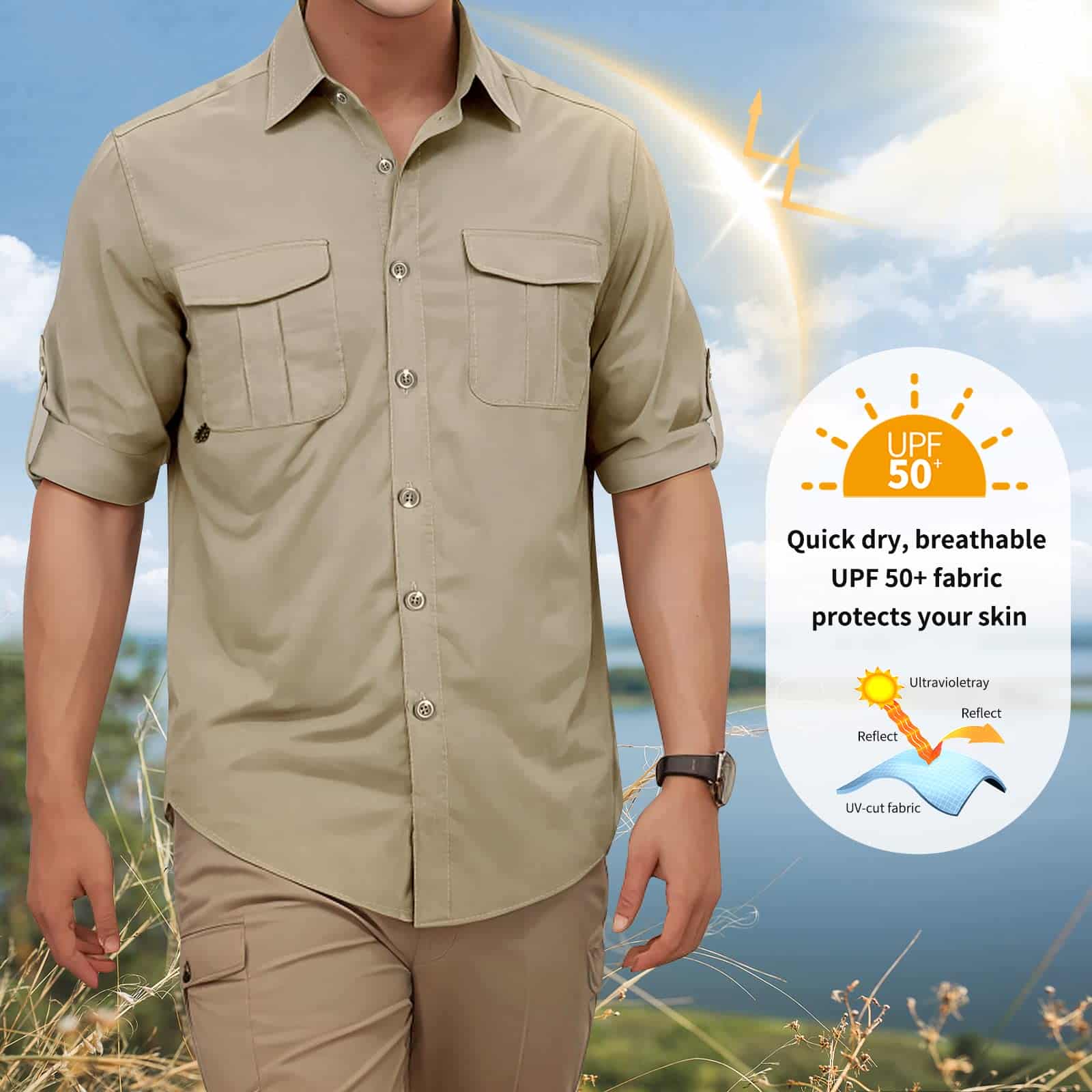 Camisas de pesca de manga larga para hombres Protección UV UPF 50+ 